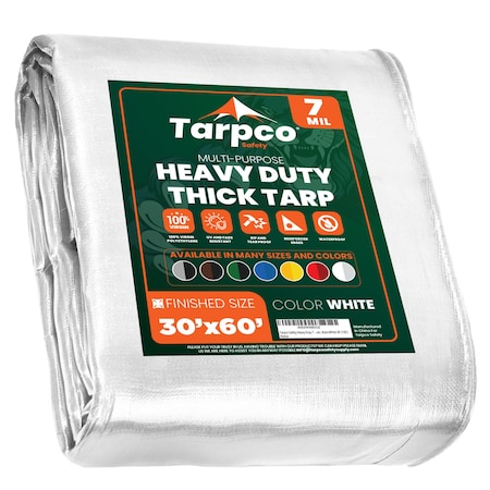 Tarpco Safety Heavy Duty Tarp, 60 ft L x 0.5 mm H x 30 ft W, 7 Mil, White, Polyethylene TS-204-30X60
